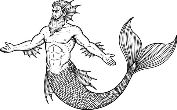 Bearded merman swimming with open arms