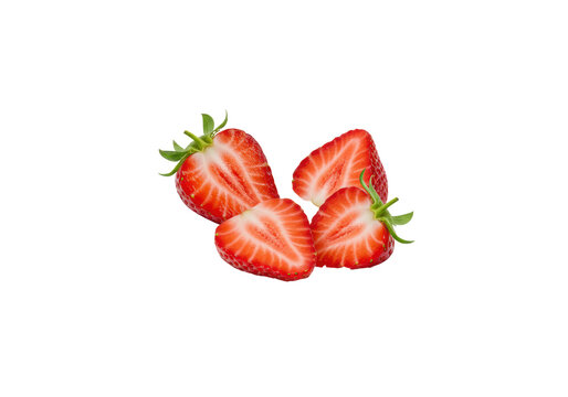 Whole and sliced ripe red strawberries impacting creamy white milk, generating an upward splash with frozen droplets on a transparent background, concept for beverage advertising