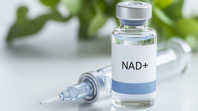 NAD vial with blue liquid, syringe beside, medical ampoule for health on light surface with green leaves.