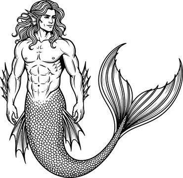 Handsome merman standing with long hair