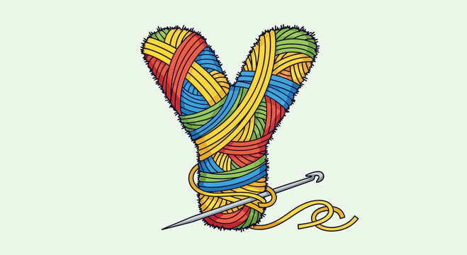 A colorful illustration of a ball of yarn with a crochet hook