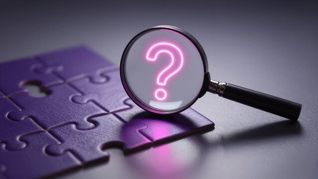 A magnifying glass with a glowing pink question mark hovers over purple puzzle pieces, symbolizing inquiry and problem-solving in a dark setting.