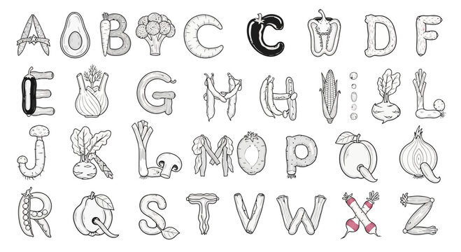 A vector graphic illustration of the alphabet with vegetable and food themed letters
