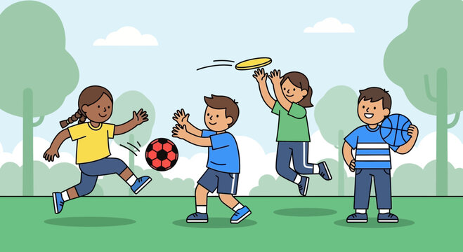 A colorful illustration of children playing sports in a park