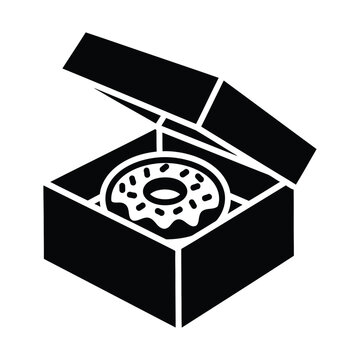 Black and white icon of a single donut with sprinkles inside an open cardboard box, ready for consumption or delivery.