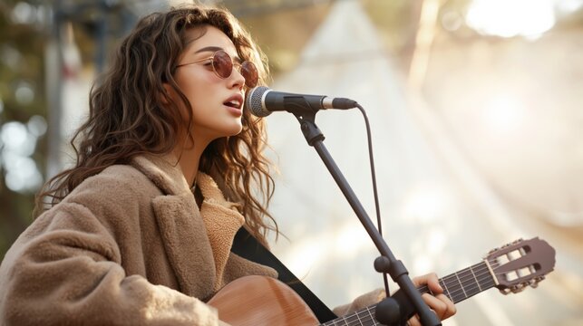 Female caucasian young singer performing with acoustic guitar at outdoor stage in warm sunlight wearing sunglasses and coat expressive live music moment
