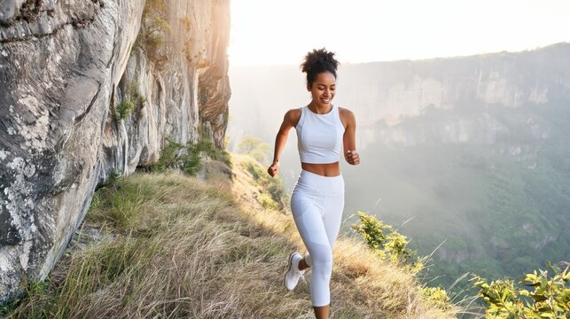 African female adult fit woman trail running along cliffside in white activewear enjoying outdoor fitness sunrise landscape and adventure