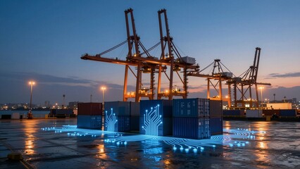 Obraz premium Containers with glowing blue circuits on wet ground, port cranes in background during twilight.