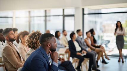 Obraz premium Male african adult attendee listening to female hispanic adult presenter during business seminar in bright modern conference room diverse audience