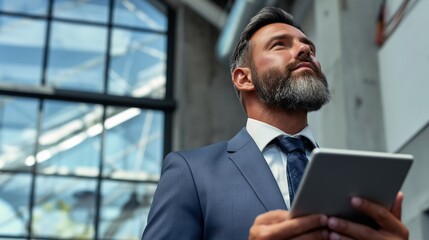 Fototapeta premium Mature caucasian male executive with tablet looking up in atrium, bearded professional in suit, modern corporate leader portrait