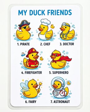authentic human lifestyle concept Cute cartoon rubber ducks in various profession costumes. Educational chart for children with pirate, chef, doctor, firefighter, superhero, fairy, and astronaut chara
