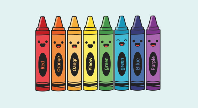 A colorful vector illustration of smiling crayons in different hues