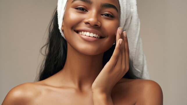 Young african female with towel on head touching radiant clear skin smiling beauty portrait skincare natural glow