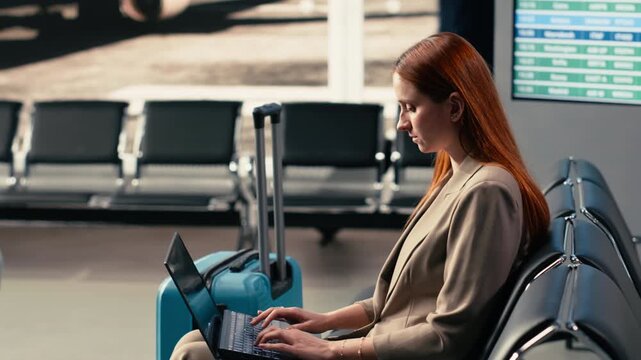 Woman business traveler checking emails on laptop in airport lounge corner, surrounded by suitcases and passengers. Consultant prepares for boarding and departure on international flight.