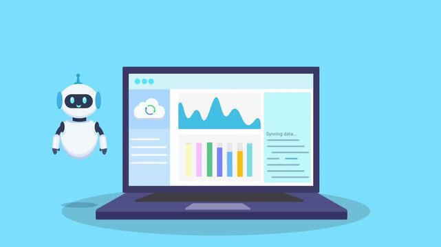 Animated video of a robot assistant beside a laptop displaying analytics charts and graphs on a dashboard, representing automation, data insights, and digital business reporting in flat design style.