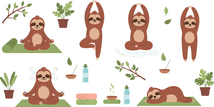 Relaxing Sloth Yoga Vector Set with Meditation, Poses, and Plants for Wellness, Mindfulness, and Nature-Inspired Designs