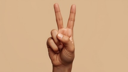 Naklejka premium Human hand showing peace or victory sign gesture on beige background