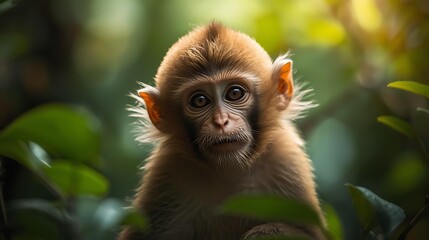 Fototapeta premium Portrait of a young macaque monkey with thoughtful expression in a lush tropical fores