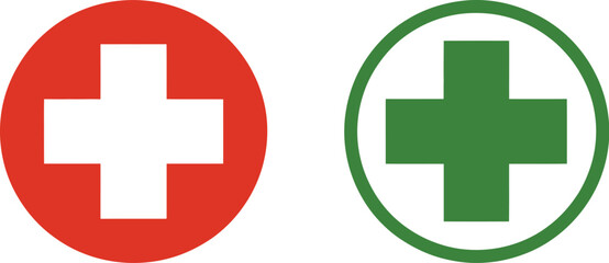 Fototapeta premium Medical cross sign vector illustration, bold red and green medical plus icons representing health, safety, and emergency service concepts for professional use.