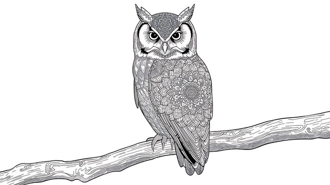 Detailed mandala style owl sketch for coloring book