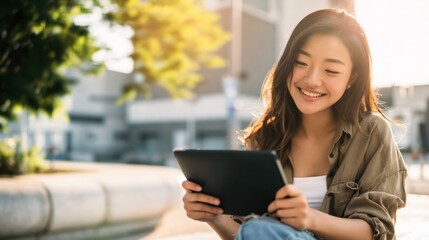 Fototapeta premium Smiling asian young adult female using tablet outdoors with sunlit background and casual clothing enjoying digital content
