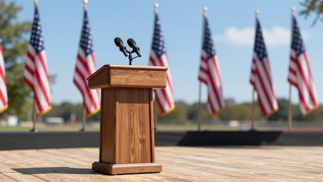 An empty wooden podium with microphones set up outdoors, surrounded by American flags under a clear blue sky. The scene is ready for a public speech or political address.