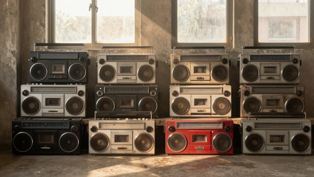 Retro boomboxes stacked on shelves in a sunlit, rustic room creating nostalgic atmosphere.