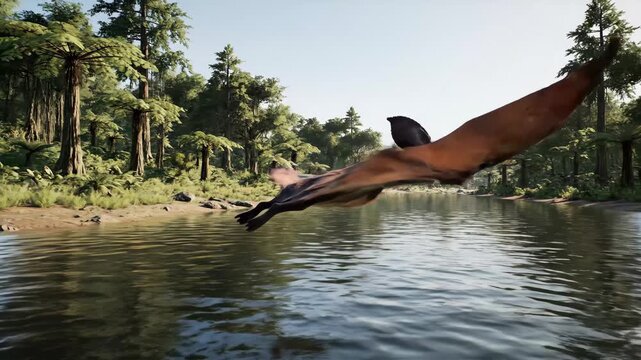 Pteranodon Flying Low Over Calm Prehistoric River Surrounded by Lush Jurassic Forest, Cinematic Dinosaur Nature Scene