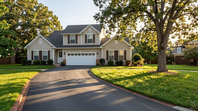 A freshly sealed black asphalt driveway leads to a beige suburban house with white trim, surrounded by lush green lawns and mature trees under warm sunlight.