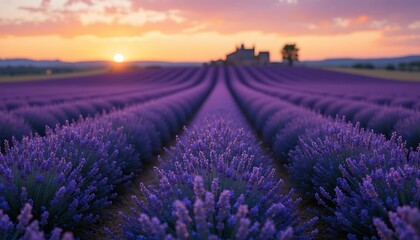 Obraz premium Lush Lavender Rows Blooming under Sunset Horizon