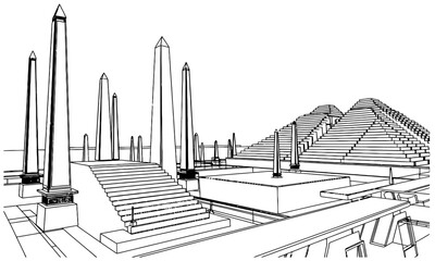Fototapeta premium Ancient Egyptian temple with obelisks and stone steps and a pyramid