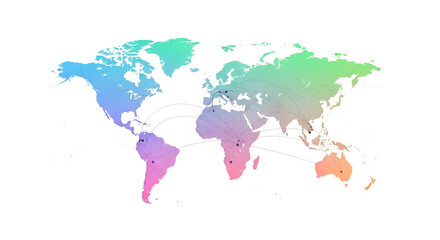 Fototapeta premium Colorful gradient world map with global network connections and dotted lines