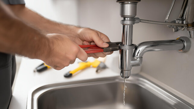 Plumber repairing leak under kitchen sink using wrench and plumbing tools as water drips from pipes during repair