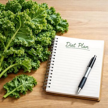 Kale leaves with diet notebook for healthy meal planning and weight loss concept, lifestyle scene&rdquo;
