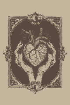 Anatomical Heart in Frame Vintage Illustration
