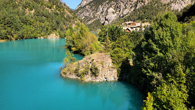 Guil River with turquoise water and green trees, French Alps, Hautes Alpes, France, Europe.