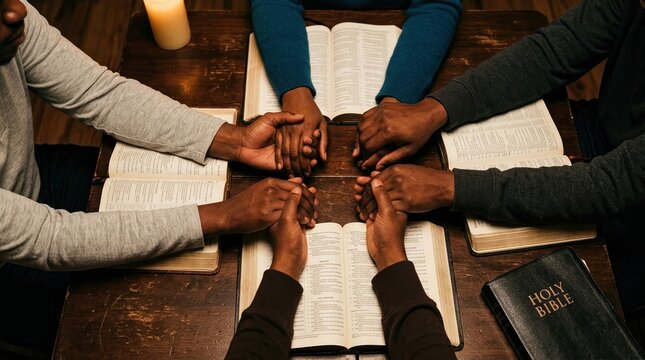 Prayer, Bible, African American, Hands, Faith, Community, Church group holding hands together in unity during a spiritual Bible study session around a wooden table indoors.