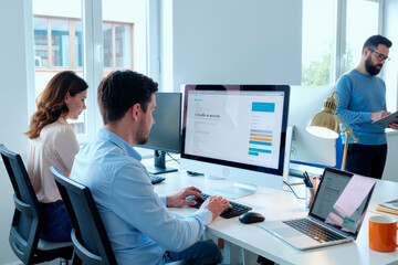 Fototapeta premium Coworkers working at desktop computers in office, managing digital tasks and reviewing online forms. Suitable for business teamwork, software workflow, or corporate productivity marketing