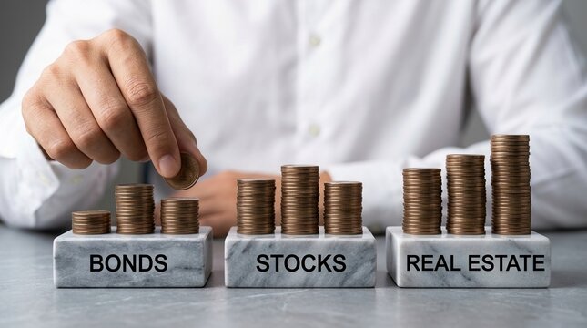 investment, stocks, real estate, bonds, finance, savings, wealth management concept with hand stacking coins on marble blocks for portfolio diversification and strategic growth.