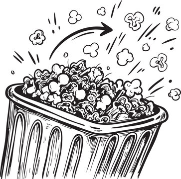Overflowing rectangular container of freshly popped popcorn is presented in a dynamic black and white vector illustration, complete with stylized popping kernels and an animated arrow