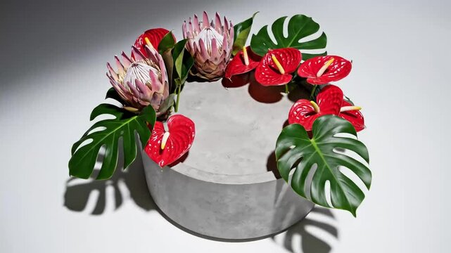 Exotic Floral Arrangement with Protea and Anthurium on Concrete Pedestal.