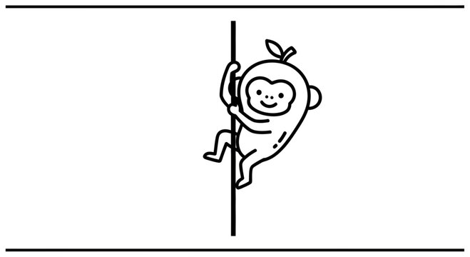 Cute monkey climbing pole, cartoon illustration, simple line art, black and white, playful animal character