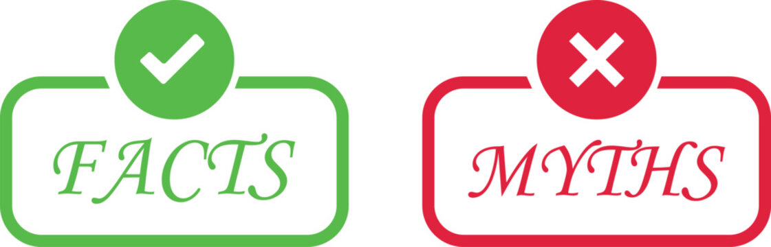 Fact myth icon set collection group with truth and false symbols check mark cross speech bubble information concept flat vector for web app infographic design isolated background.