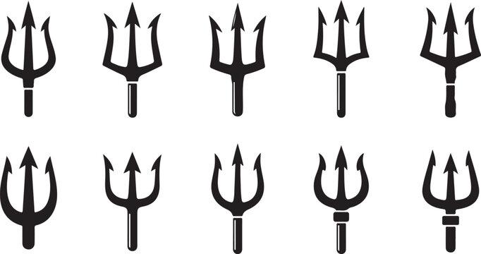 Trident icons, vector tridents, devil fork symbols, pitchfork signs, mythology, fantasy, black illustrations
