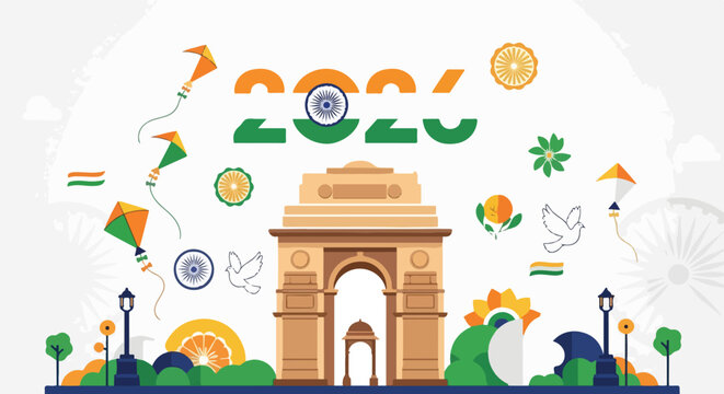 Vibrant illustration of India Gate featuring 2024 in national colors, surrounded by festive kites and patriotic symbols.
