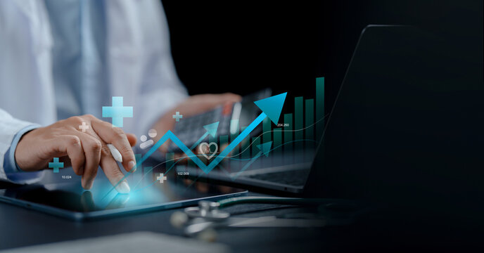 Healthcare financial data analysis with doctor using tablet and calculator, showing growth graph and investment performance. Medical business, finance, analytics and digital healthcare technology.