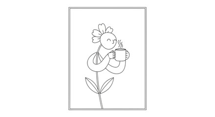 Obraz premium Cute Flower Character Holding a Hot Coffee Mug, Steaming Beverage, Cozy Morning Vibe