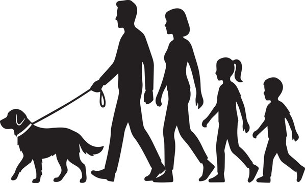 Family Walking Dog Pet Care Silhouettes