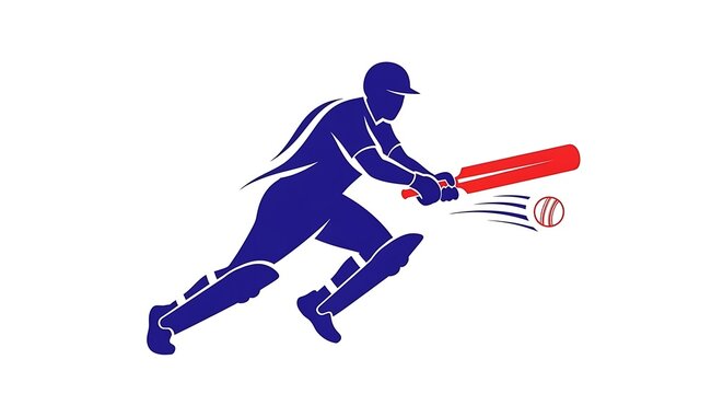 Blue silhouette of a cricket player swinging a red bat at a fast moving ball on white background
