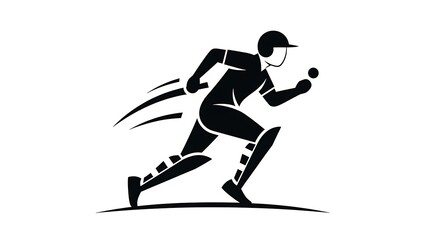 Fototapeta premium Black and white silhouette of a cricket player running with a bat and a ball in motion
